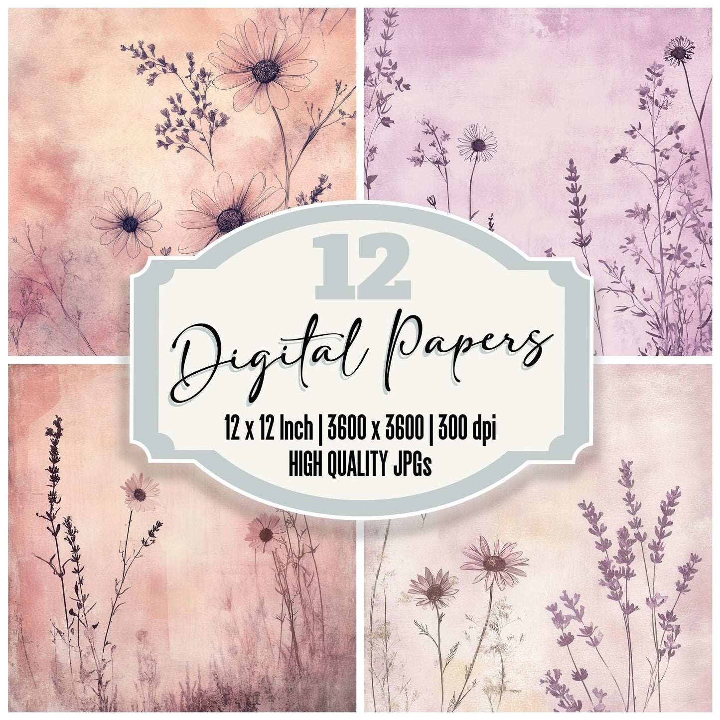 Blush Scratched Florals Digital Paper Pack (DDD000383)