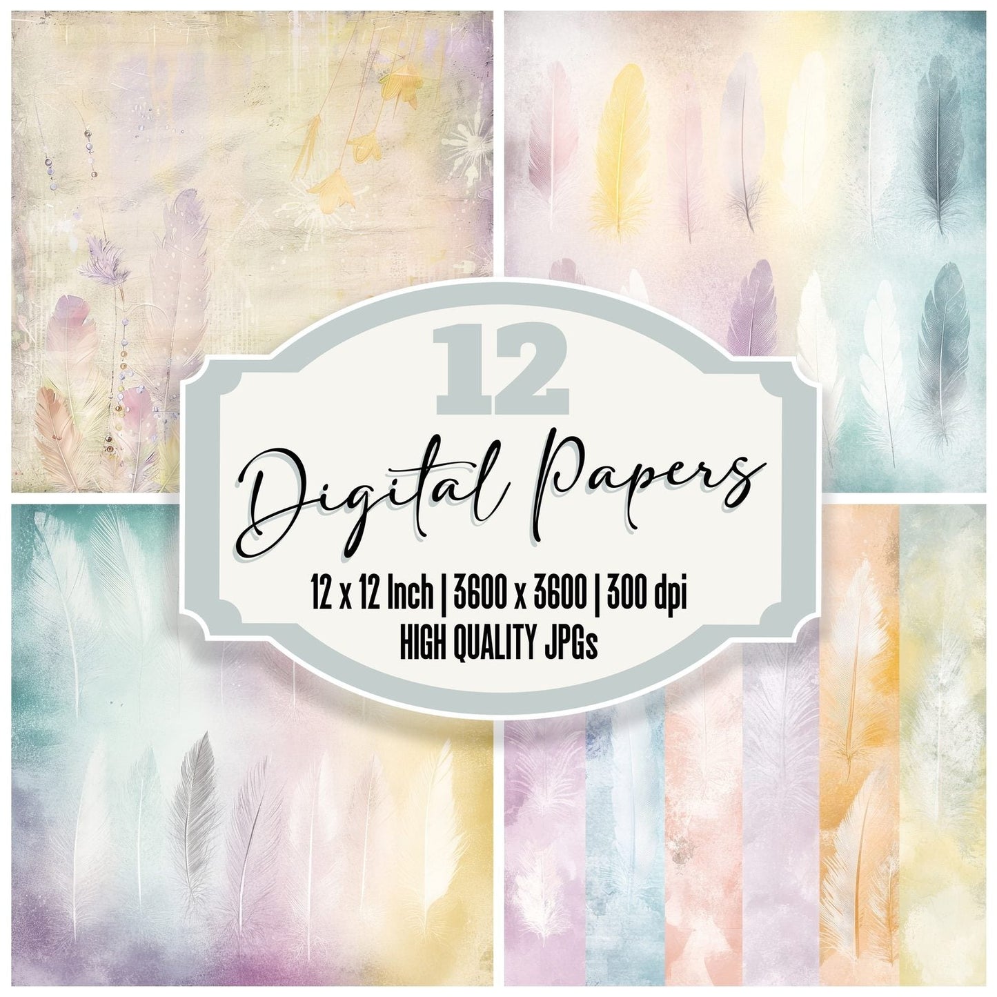 Boho Rainbow Pastel Feathers Digital Paper Pack (DDD000386)