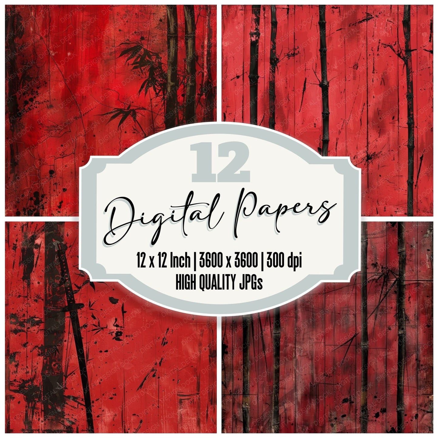 Bold Crimson Red Bamboo Digital Paper Pack (DDD000388)