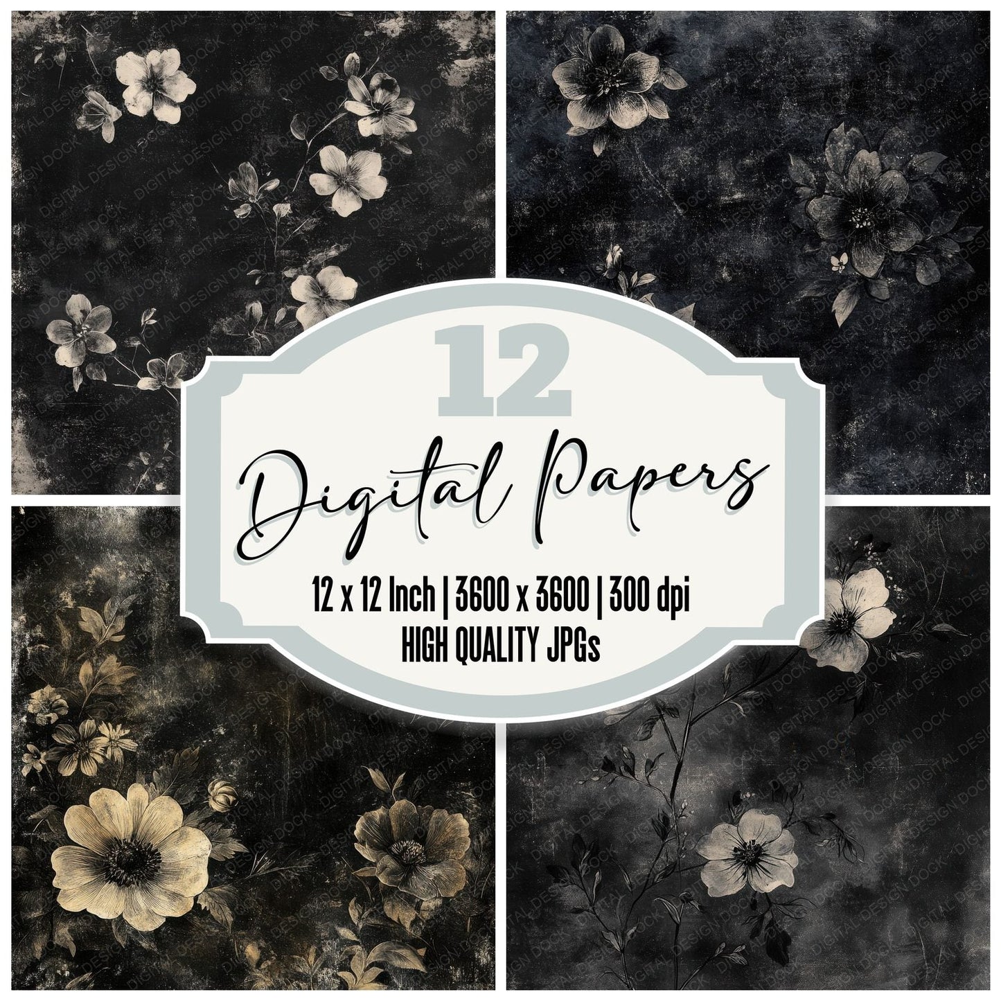 Charcoal Sketch Florals Digital Paper Pack (DDD000407)