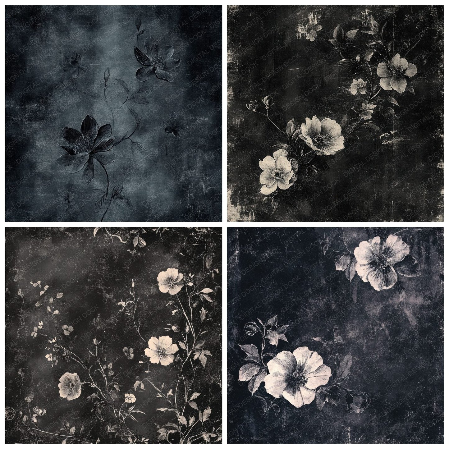 Charcoal Sketch Florals Digital Paper Pack (DDD000407)
