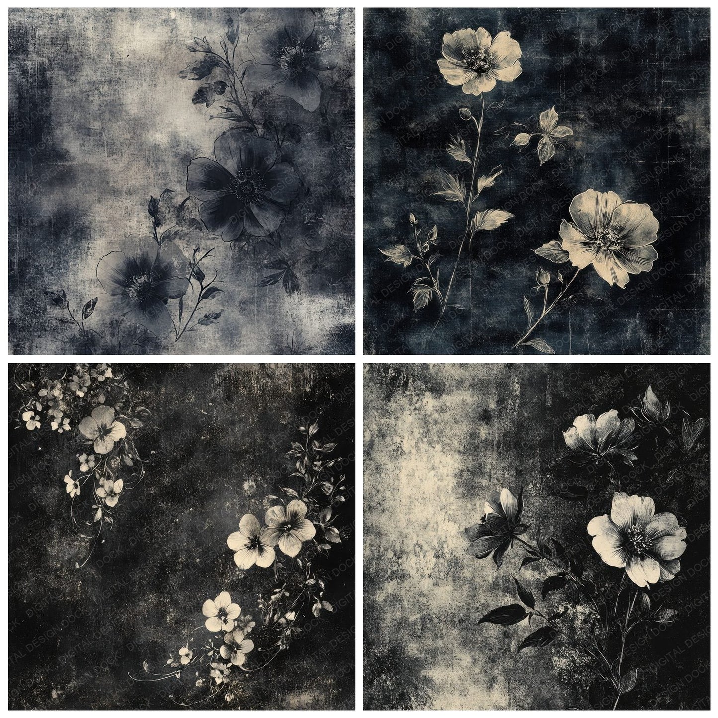 Charcoal Sketch Florals Digital Paper Pack (DDD000407)