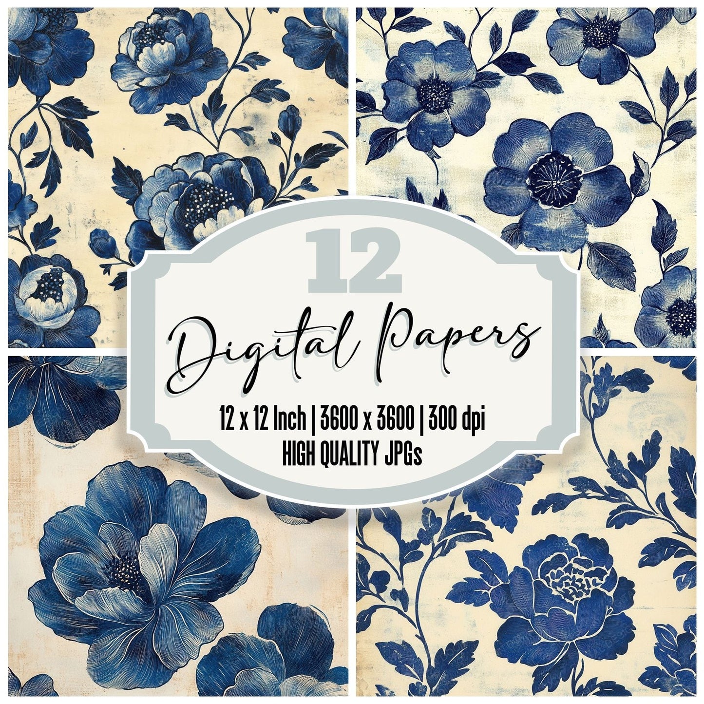 Cobalt Ivory Woodblock Digital Paper Pack (DDD000413)