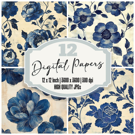 Cobalt Ivory Woodblock Digital Paper Pack (DDD000413)