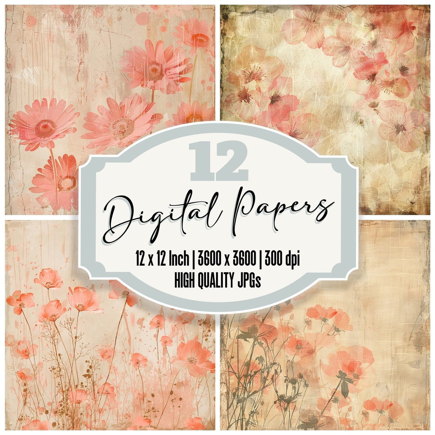 Coral Pink Floral Digital Paper Pack (DDD000418)