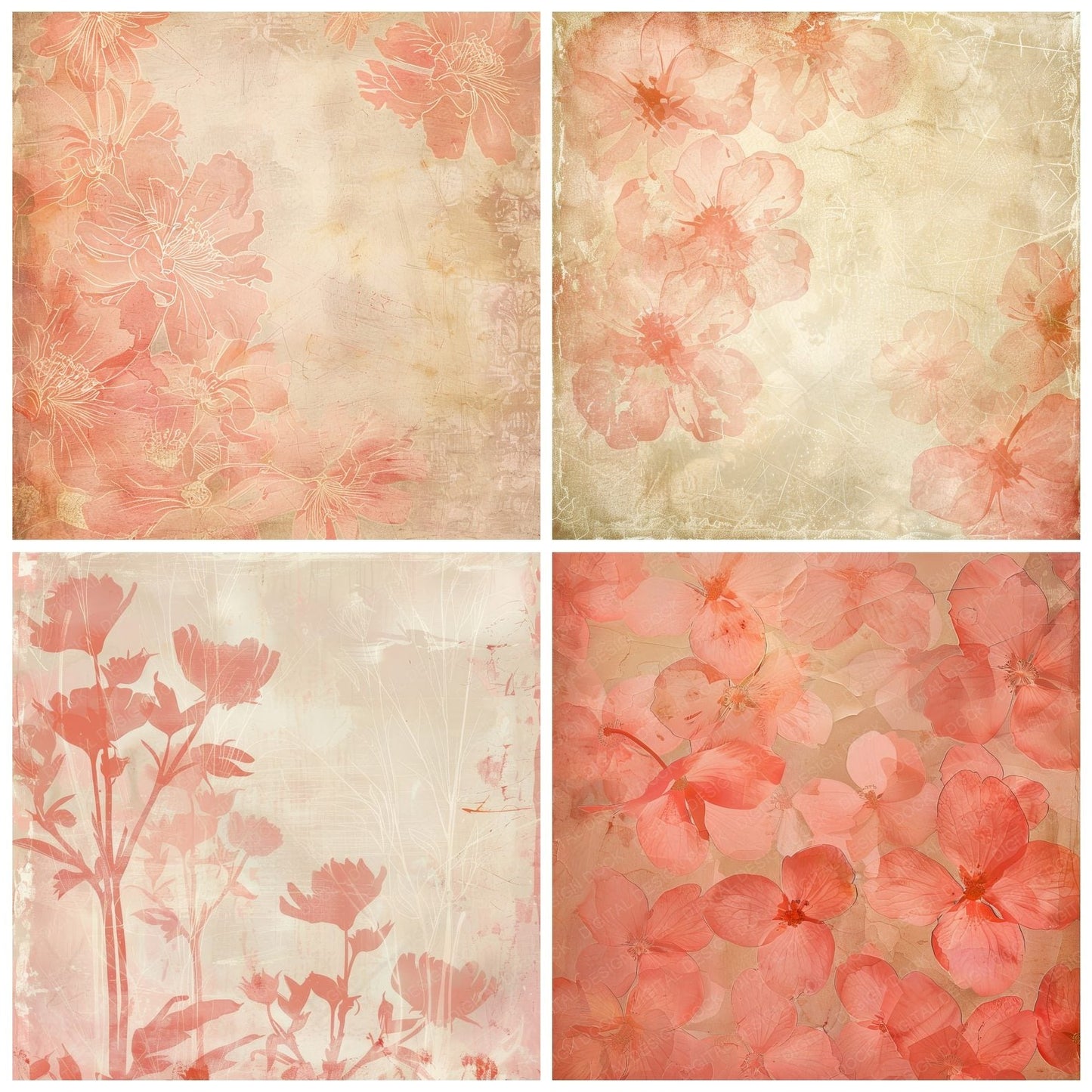 Coral Pink Floral Digital Paper Pack (DDD000418)
