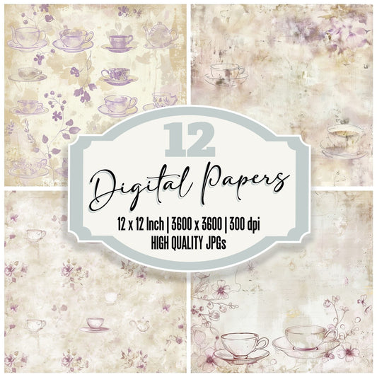 Cream Floral Teacups Digital Paper Pack (DDD000432)