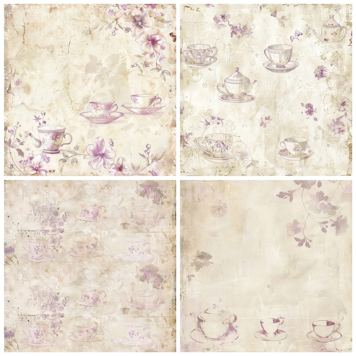 Cream Floral Teacups Digital Paper Pack (DDD000432)