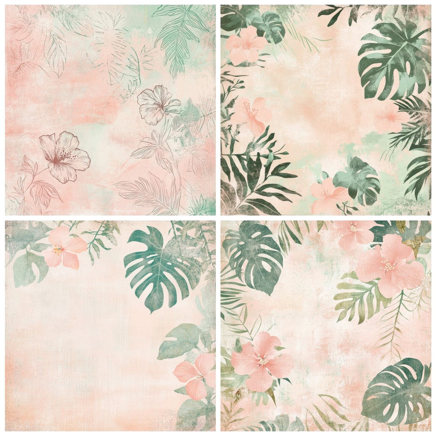 Creamy Pink Hibiscus and Monstera Digital Paper Pack (DDD000434)