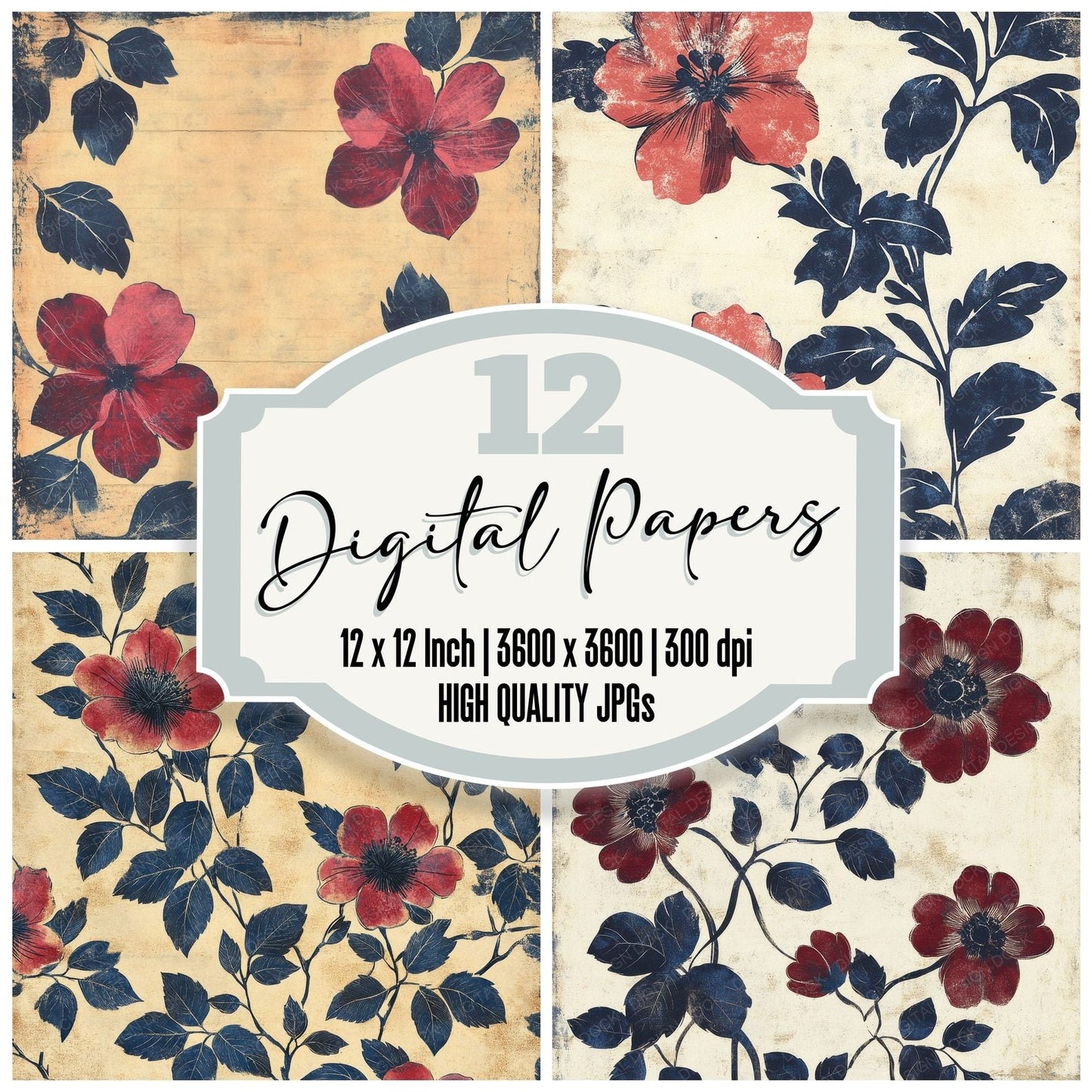 Crimson Indigo Woodblock Digital Paper Pack (DDD000435)