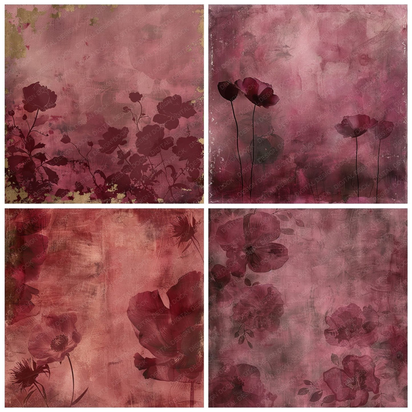 Deep Burgundy Floral Digital Paper Pack (DDD000454)