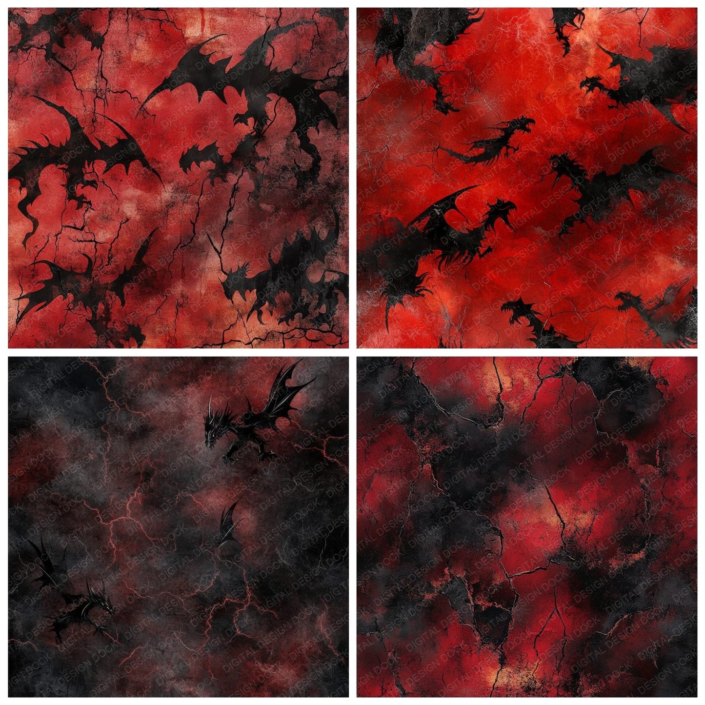Deep Crimson Dragon Silhouettes Digital Paper Pack (DDD000455)