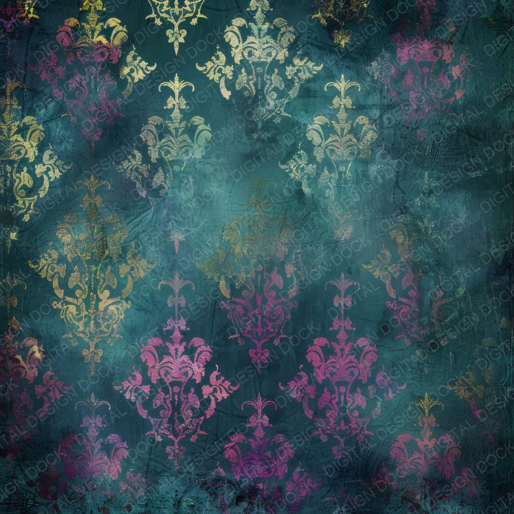 Deep Teal and Magenta fleur-de-lis Pattern Digital Paper Pack (DDD000462)