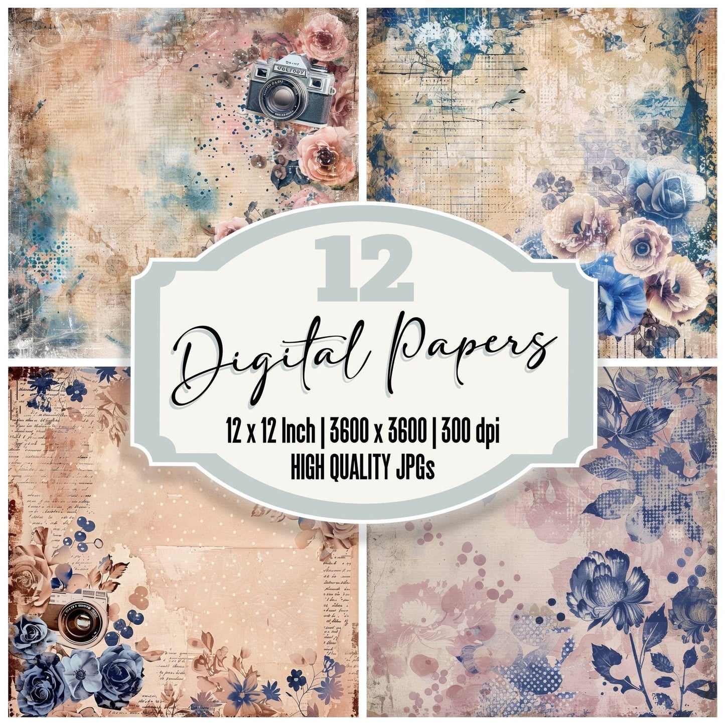 Dusty Pink and Cobalt Camera Polka Dot Pattern Digital Paper Pack (DDD000475)