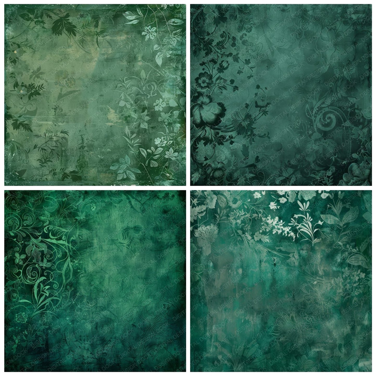 Emerald Green Botanical Pattern Digital Paper Pack (DDD000484)