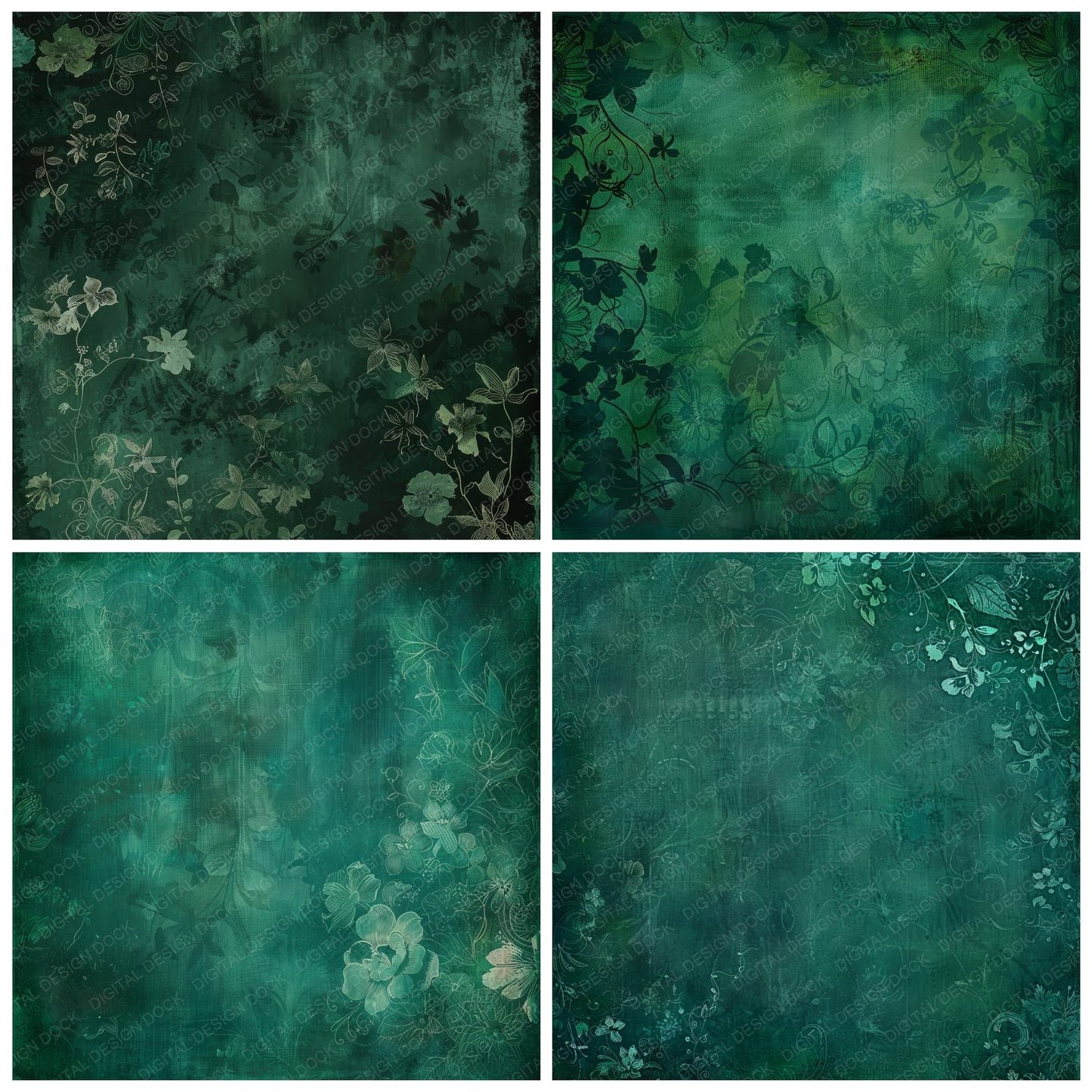Emerald Green Botanical Pattern Digital Paper Pack (DDD000484)
