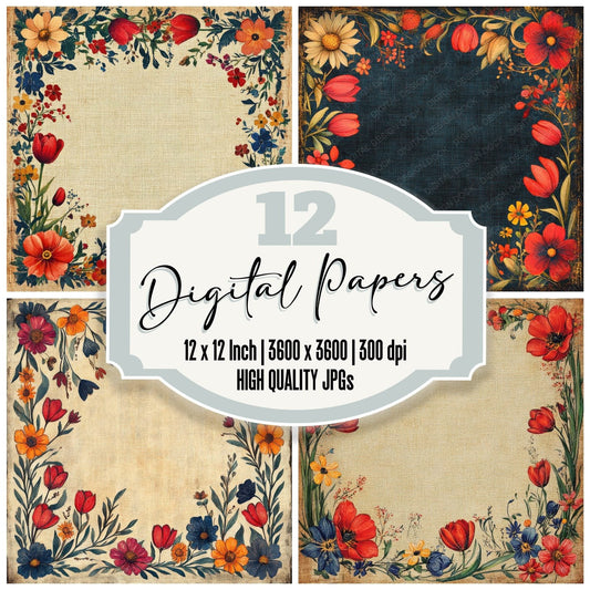 Folk Floral Frame Digital Paper Pack (DDD000511)
