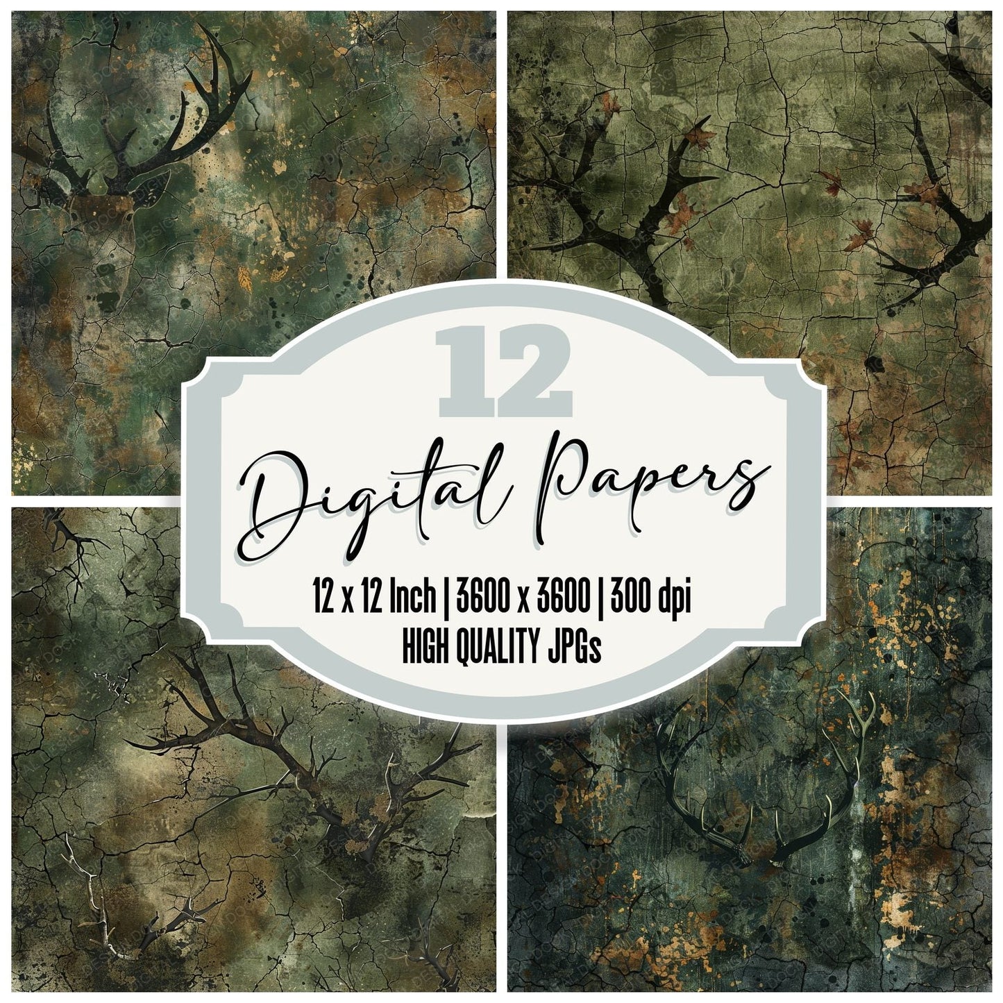Forest Green Deer Antlers Digital Paper Pack (DDD000512)