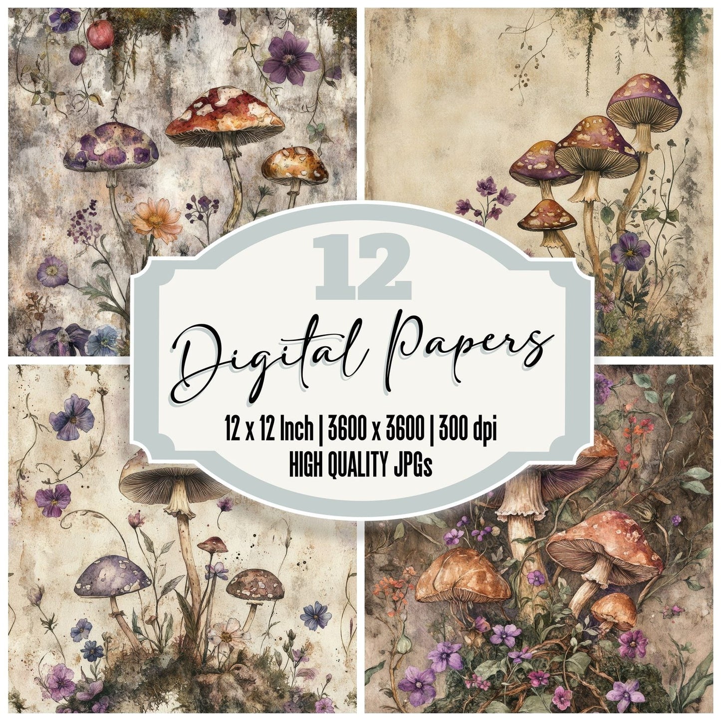 Fungi Florals Background Digital Paper Pack (DDD000526)