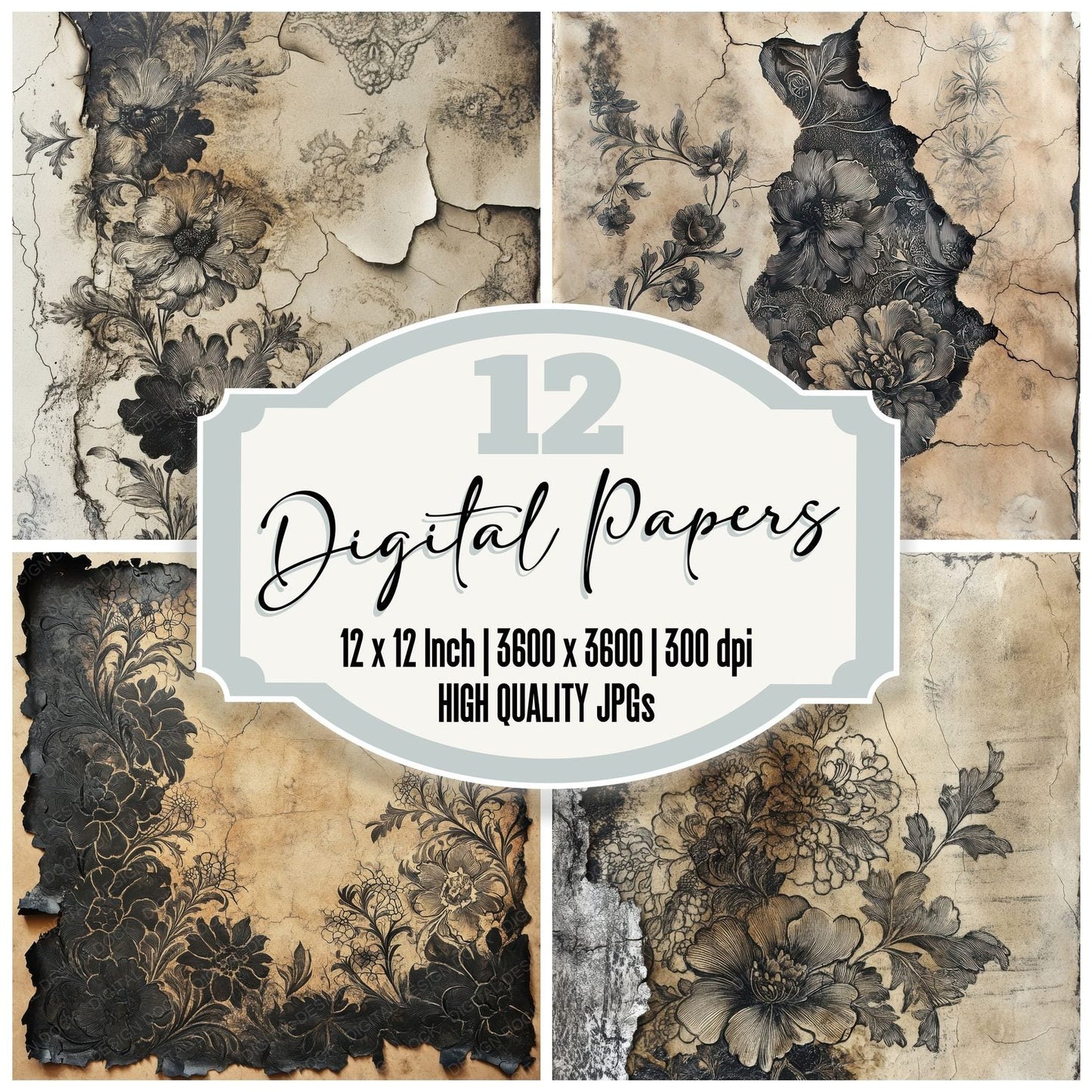 Gilded Floral Ash Background Digital Paper Pack (DDD000533)