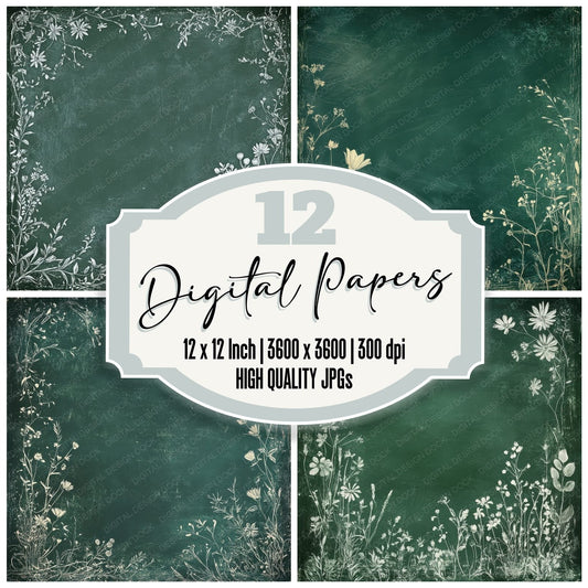 Green Chalk Wildflowers Background Digital Paper Pack (DDD000550)