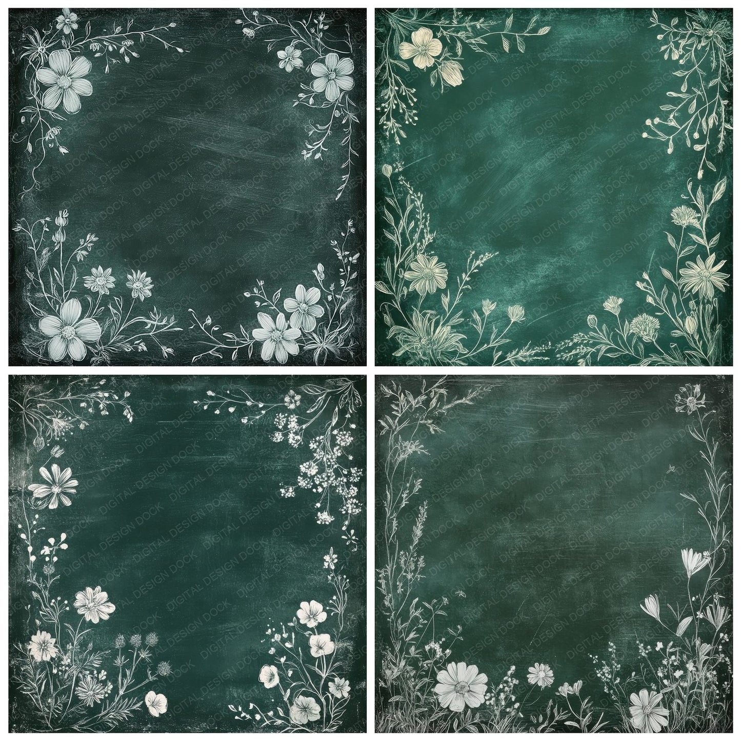 Green Chalk Wildflowers Background Digital Paper Pack (DDD000550)