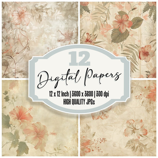 Hibiscus and Tropical Leaves Background Digital Paper Pack (DDD000553)