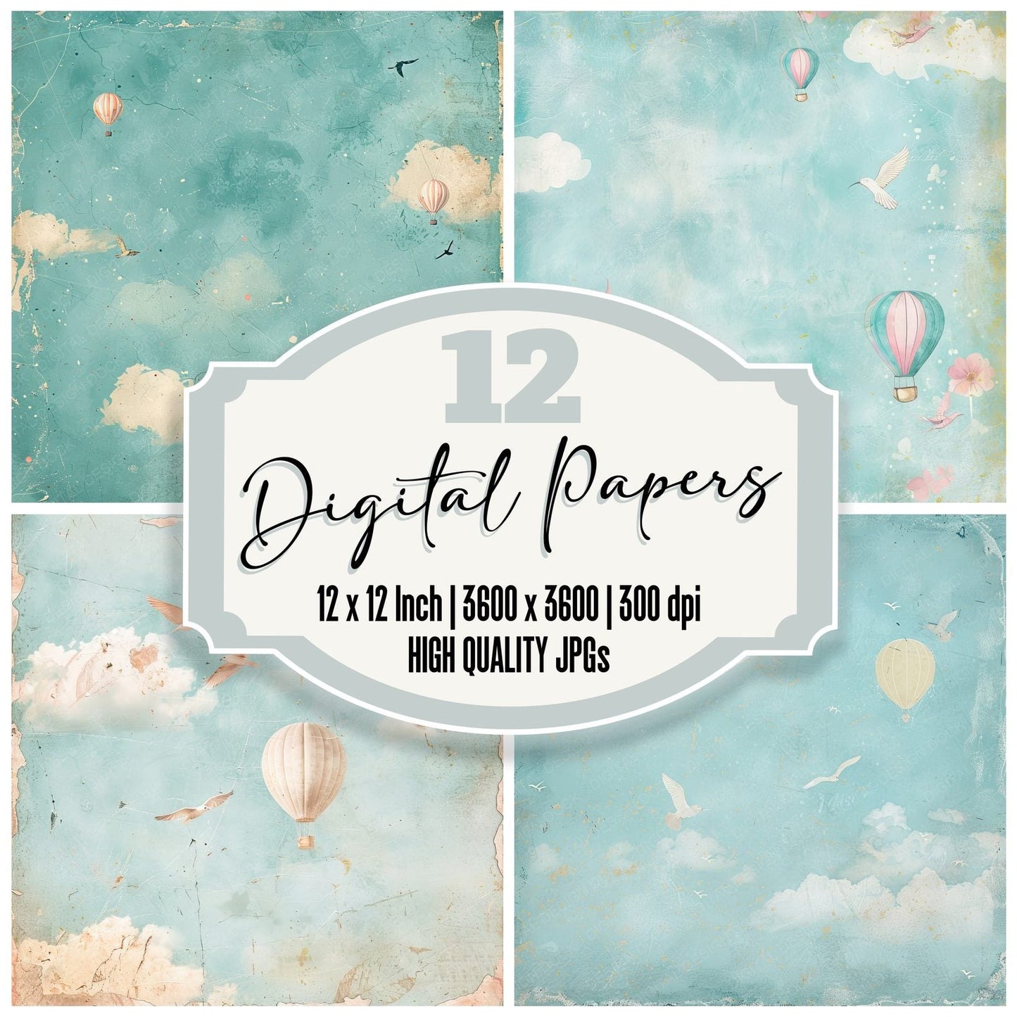 Hot Air Balloons and Fluffy Clouds Background Digital Paper Pack (DDD000556)