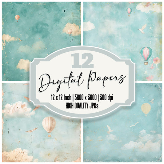 Hot Air Balloons and Fluffy Clouds Background Digital Paper Pack (DDD000556)