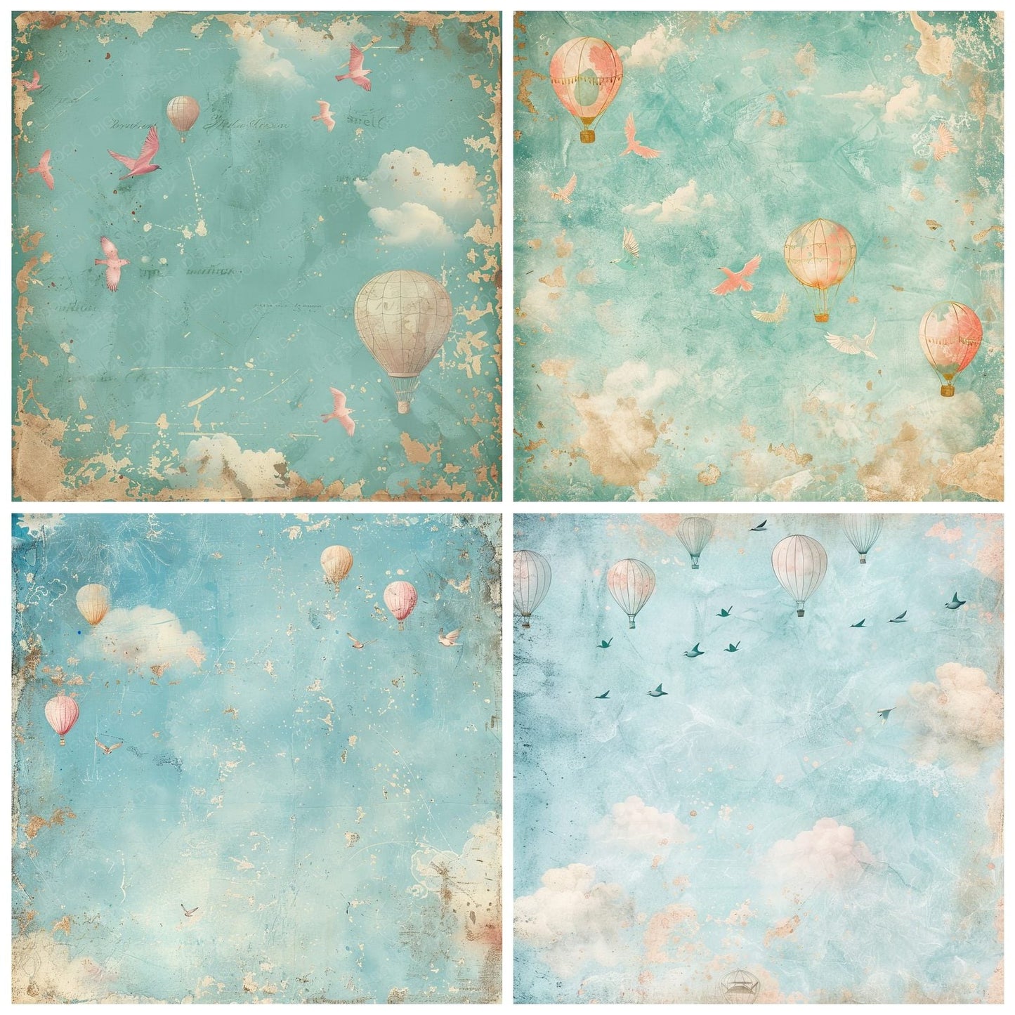 Hot Air Balloons and Fluffy Clouds Background Digital Paper Pack (DDD000556)