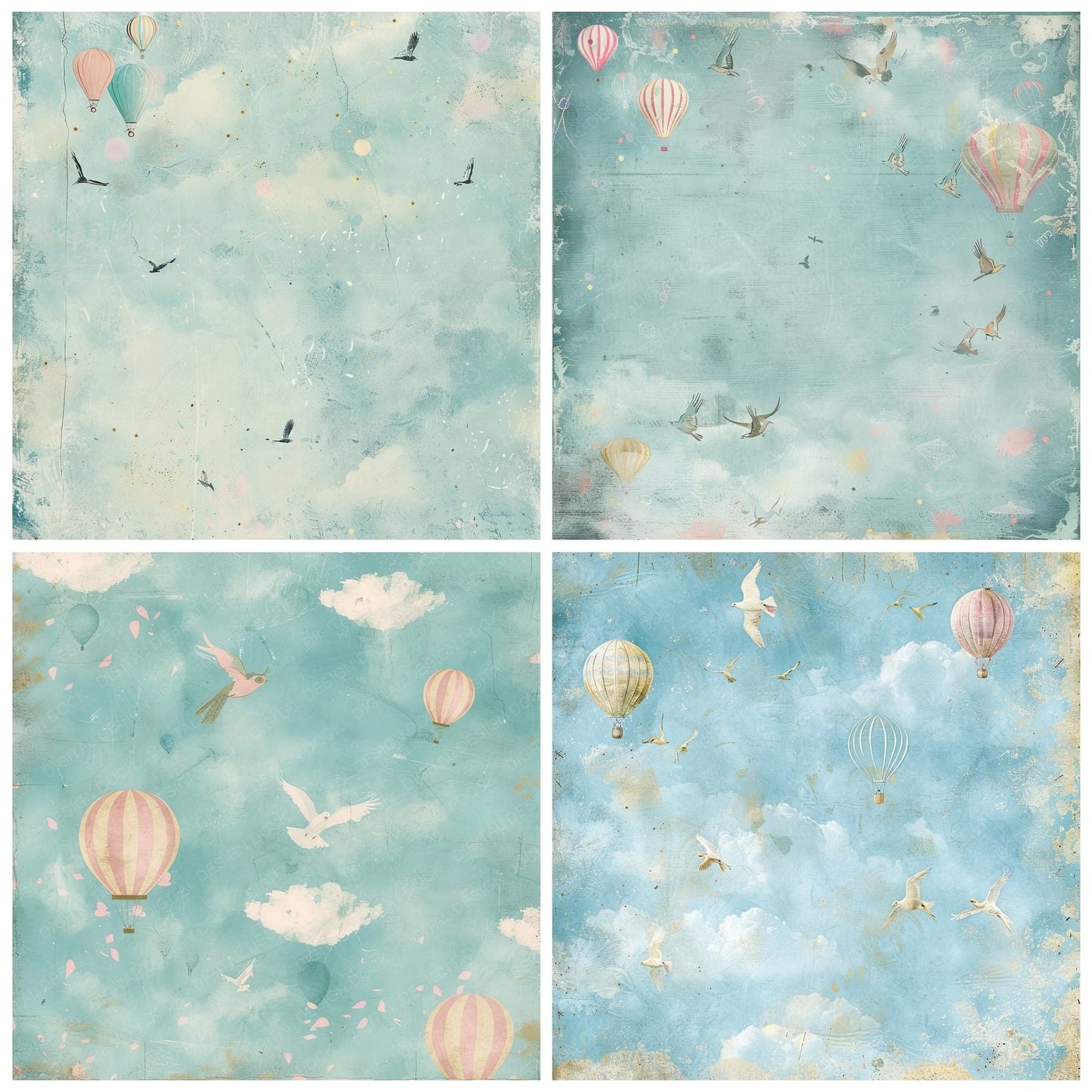 Hot Air Balloons and Fluffy Clouds Background Digital Paper Pack (DDD000556)