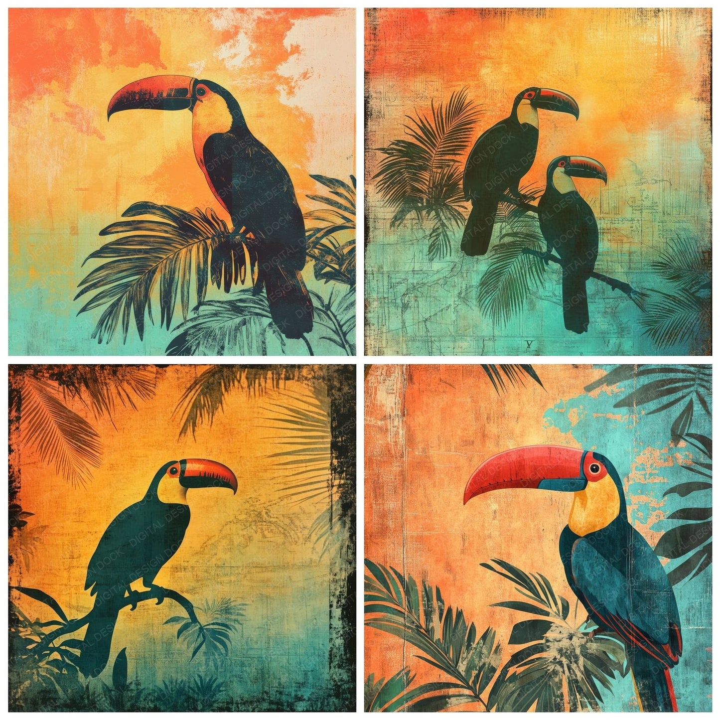 Jungle Sunset Toucan Background Digital Paper Pack (DDD000574)