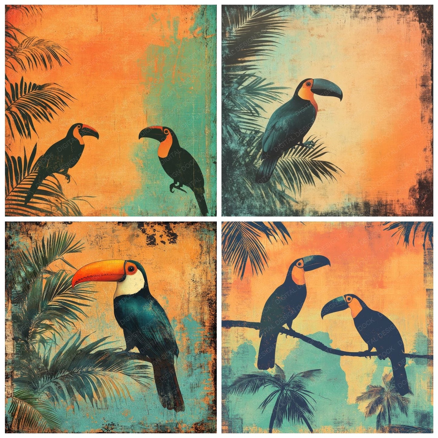 Jungle Sunset Toucan Background Digital Paper Pack (DDD000574)