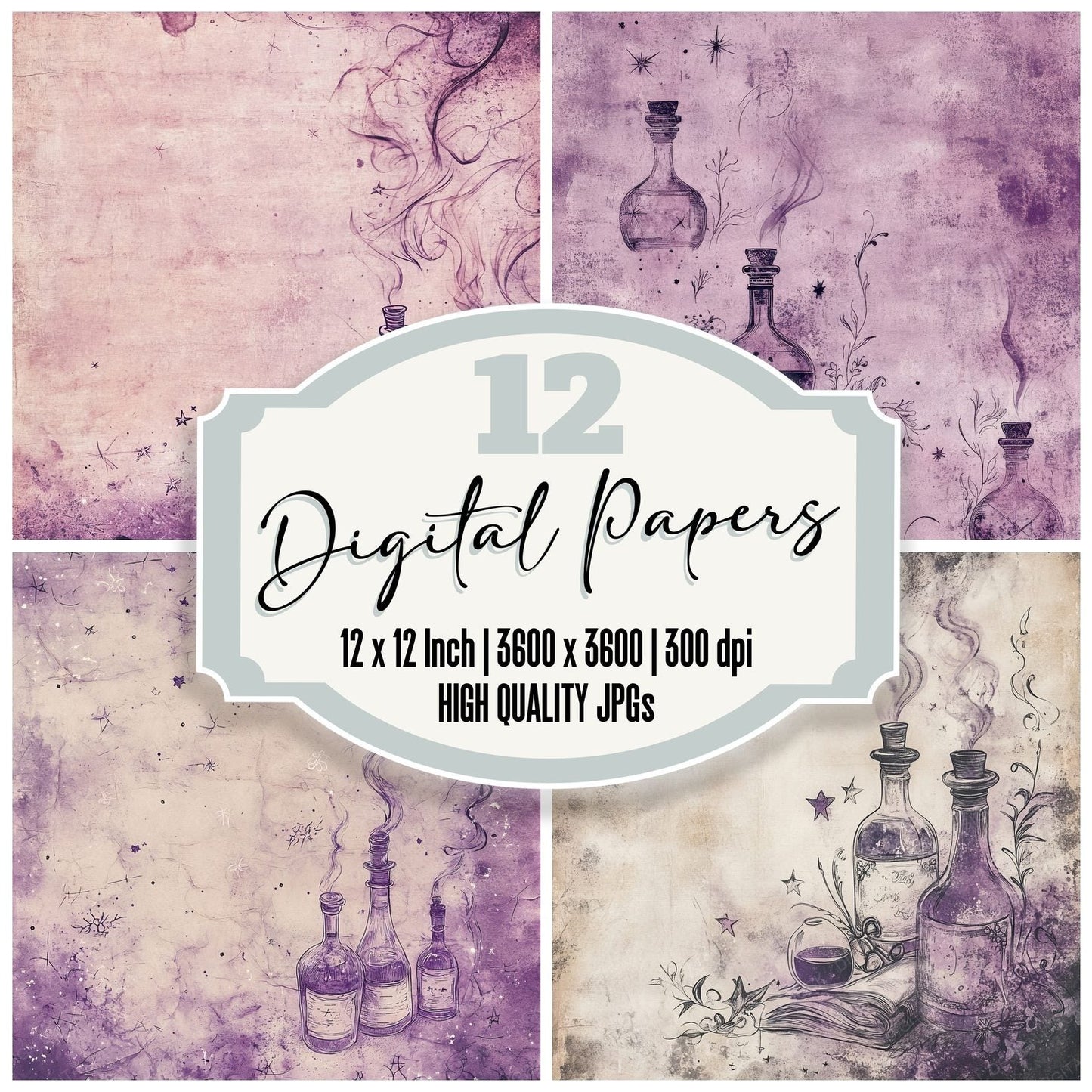 Lavender Potion Bottles Background Digital Paper Pack (DDD000583)
