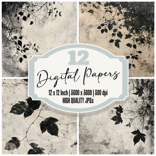 Limestone Ink Leaves Background Digital Paper Pack (DDD000584)