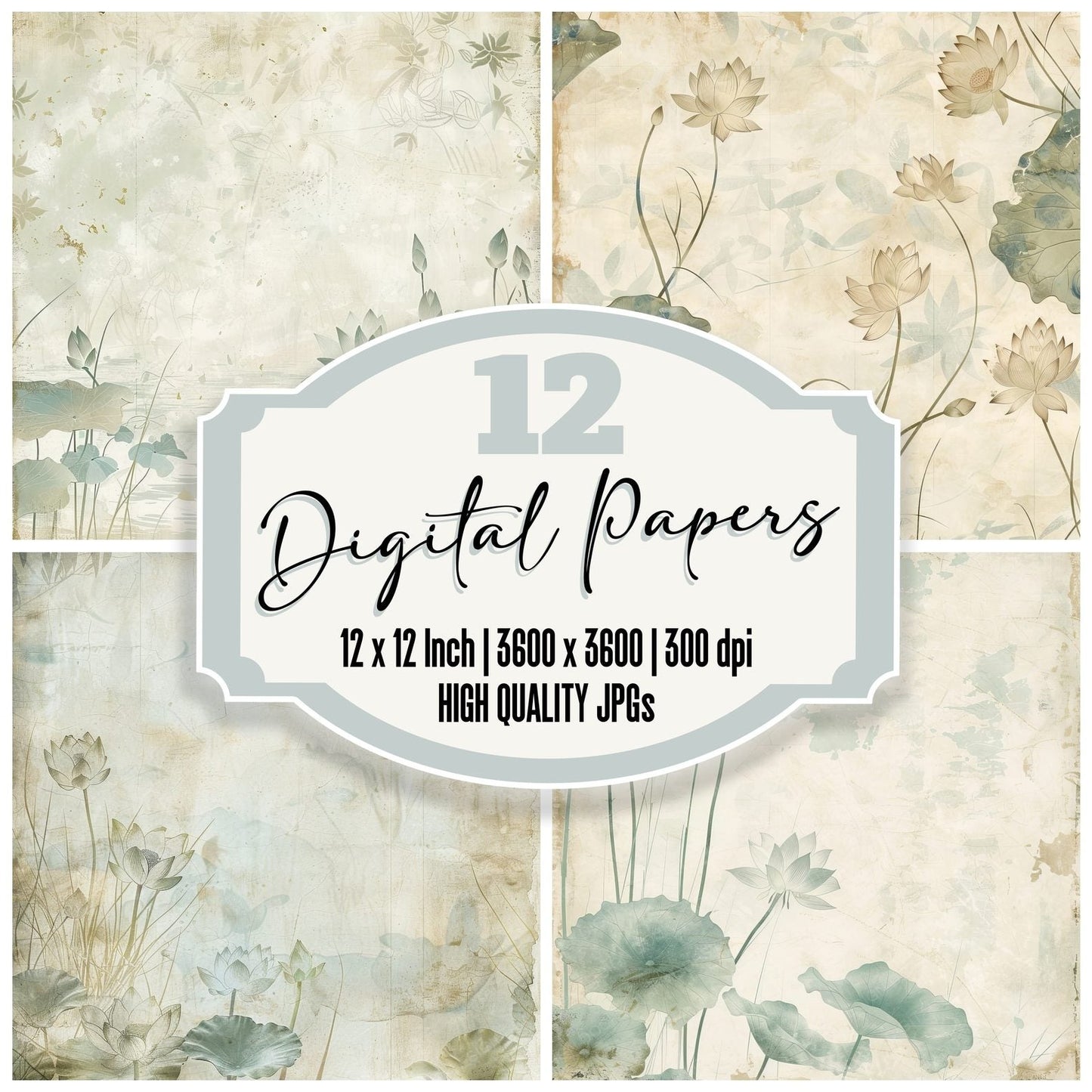 Lotus Flowers and Lily Pads Background Digital Paper Pack (DDD000588)