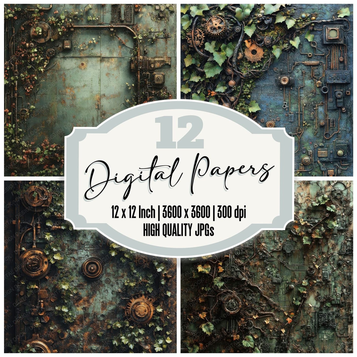 Mech-Botanical Overgrowth Background Digital Paper Pack (DDD000599)