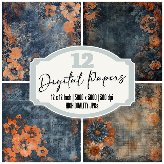 Midnight Blue and Orange Lace Pattern Background Digital Paper Pack (DDD000605)