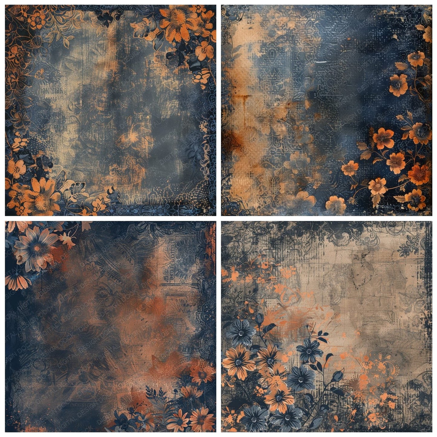 Midnight Blue and Orange Lace Pattern Background Digital Paper Pack (DDD000605)