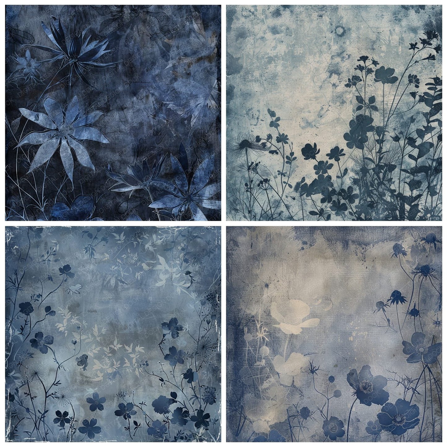 Midnight Blue Floral Background Digital Paper Pack (DDD000606)