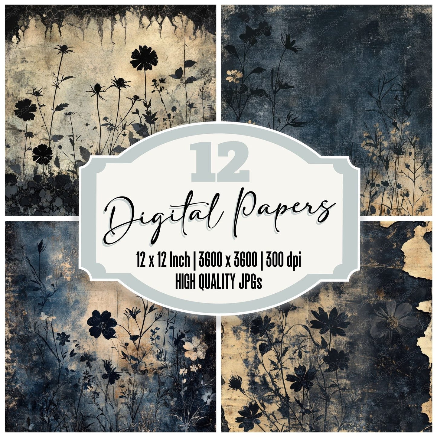 Midnight Floral Shadows Background Digital Paper Pack (DDD000609)