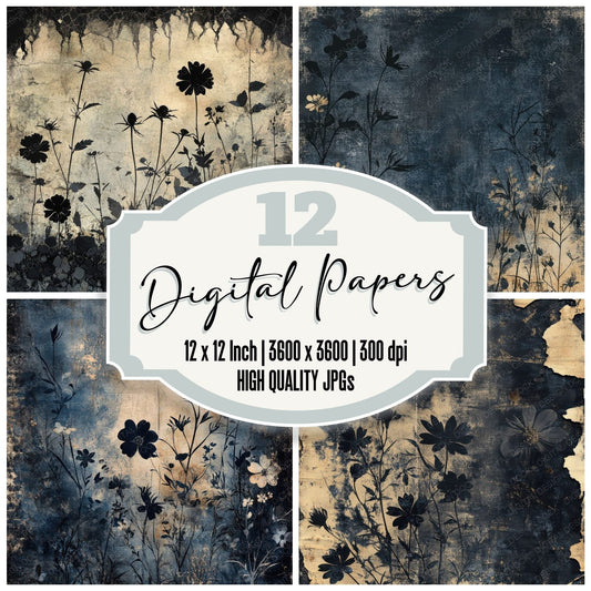 Midnight Floral Shadows Background Digital Paper Pack (DDD000609)