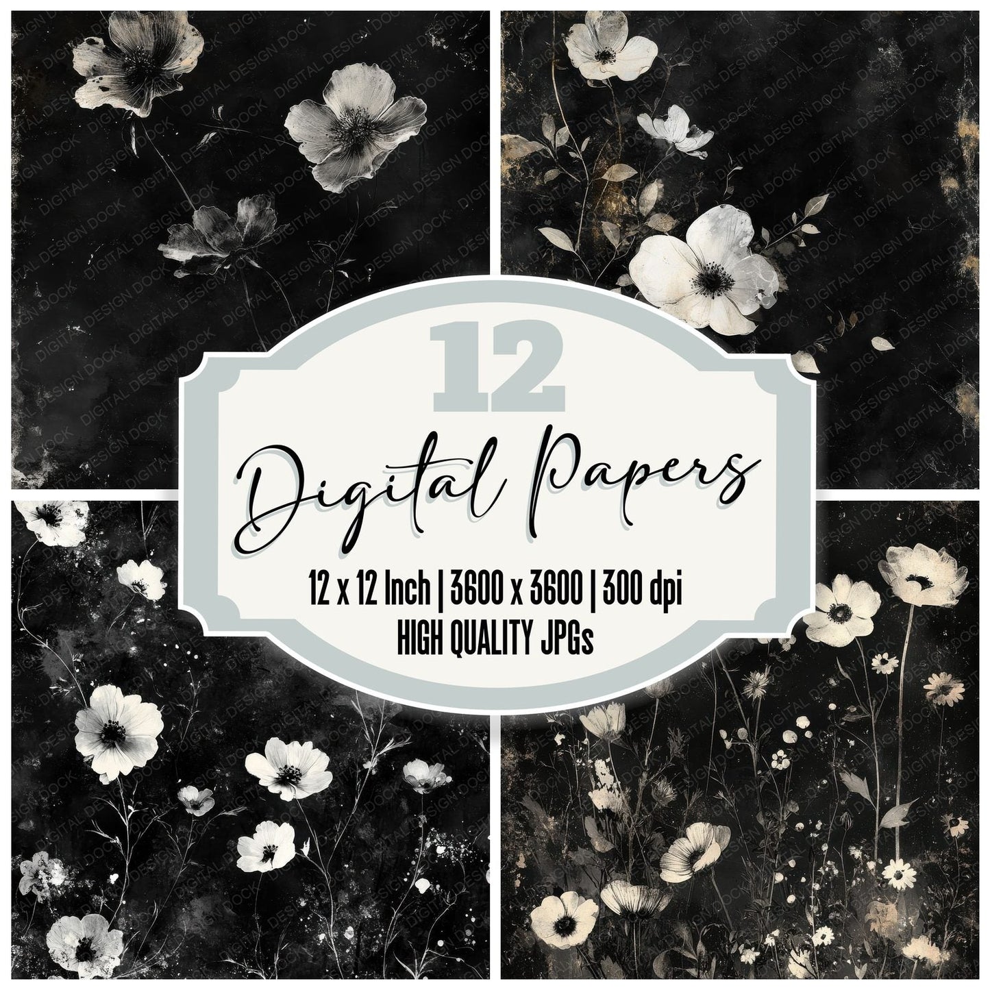 Midnight Floral Veil Background Digital Paper Pack (DDD000610)