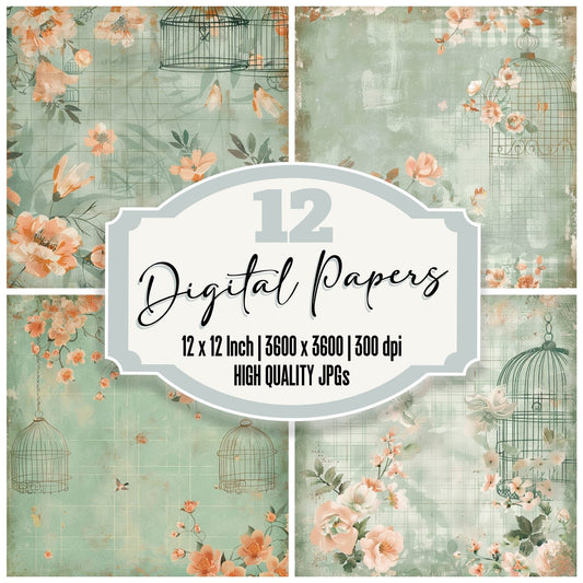 Mint and Peach Plaid Pattern Birdcage Background Digital Paper Pack (DDD000614)