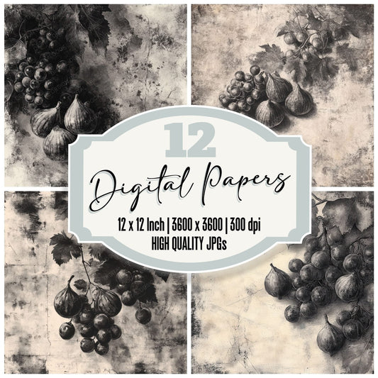 Monochrome Fruit Etch Background Digital Paper Pack (DDD000621)