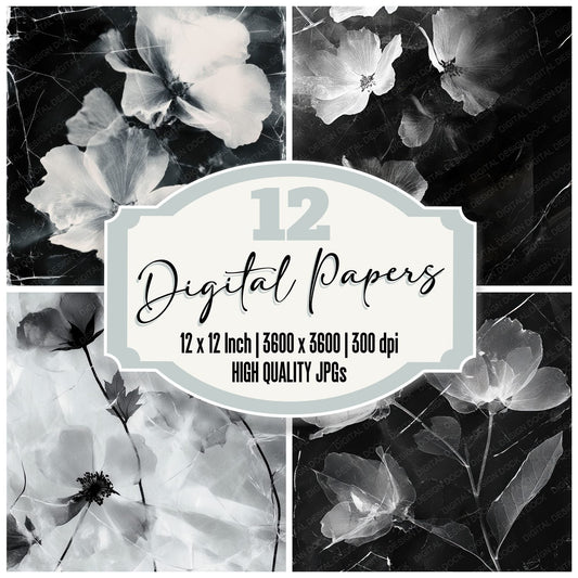 Monochrome Ghost Petals Background Digital Paper Pack (DDD000622)