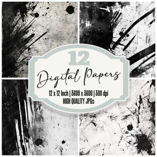 Monochrome Ink Splatter Background Digital Paper Pack (DDD000623)