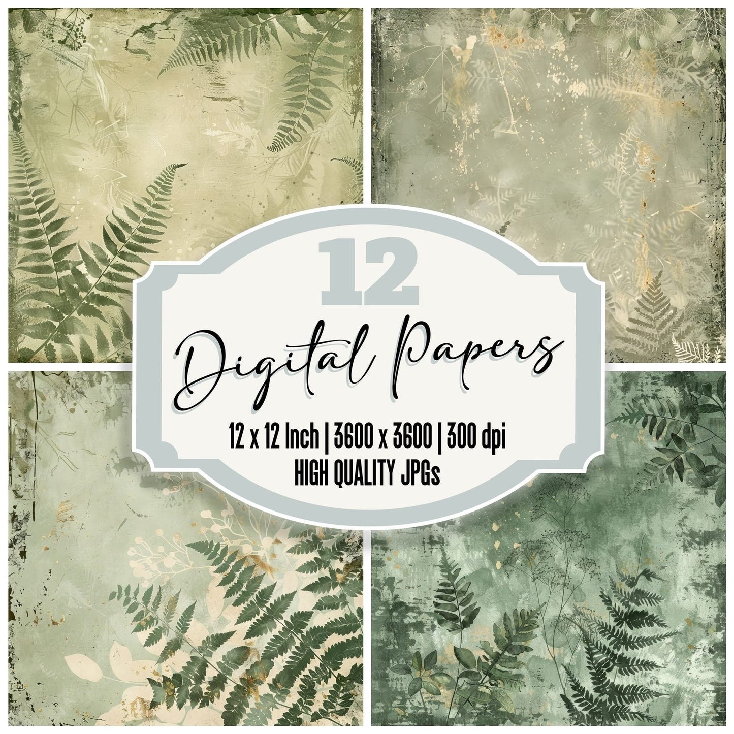 Muted Green Fern Leaves Background Digital Paper Pack (DDD000631)