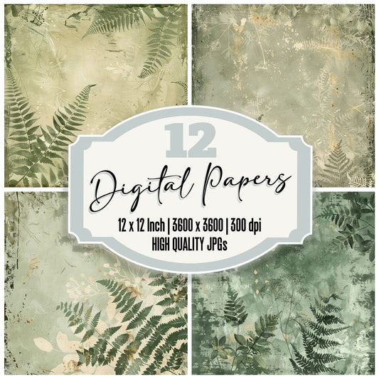 Muted Green Fern Leaves Background Digital Paper Pack (DDD000631)