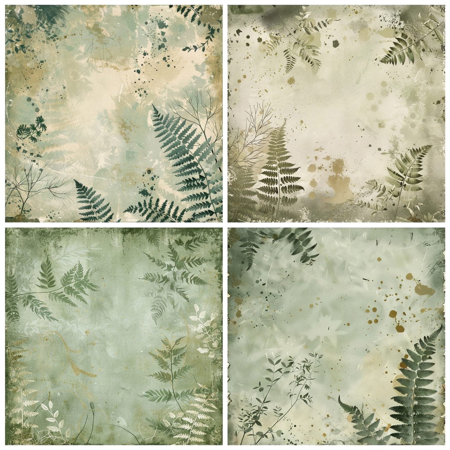 Muted Green Fern Leaves Background Digital Paper Pack (DDD000631)